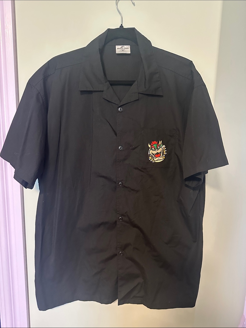 Black Short-Sleeve Button-Down Shirt with Embroidered Character Patch, Mario Jap